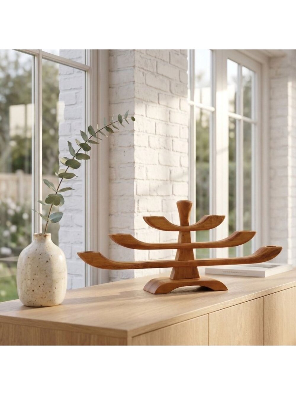 Vintage Danish Style Teak Wood Candelabra Menorah MCM Minimalist Sweden Sculptur